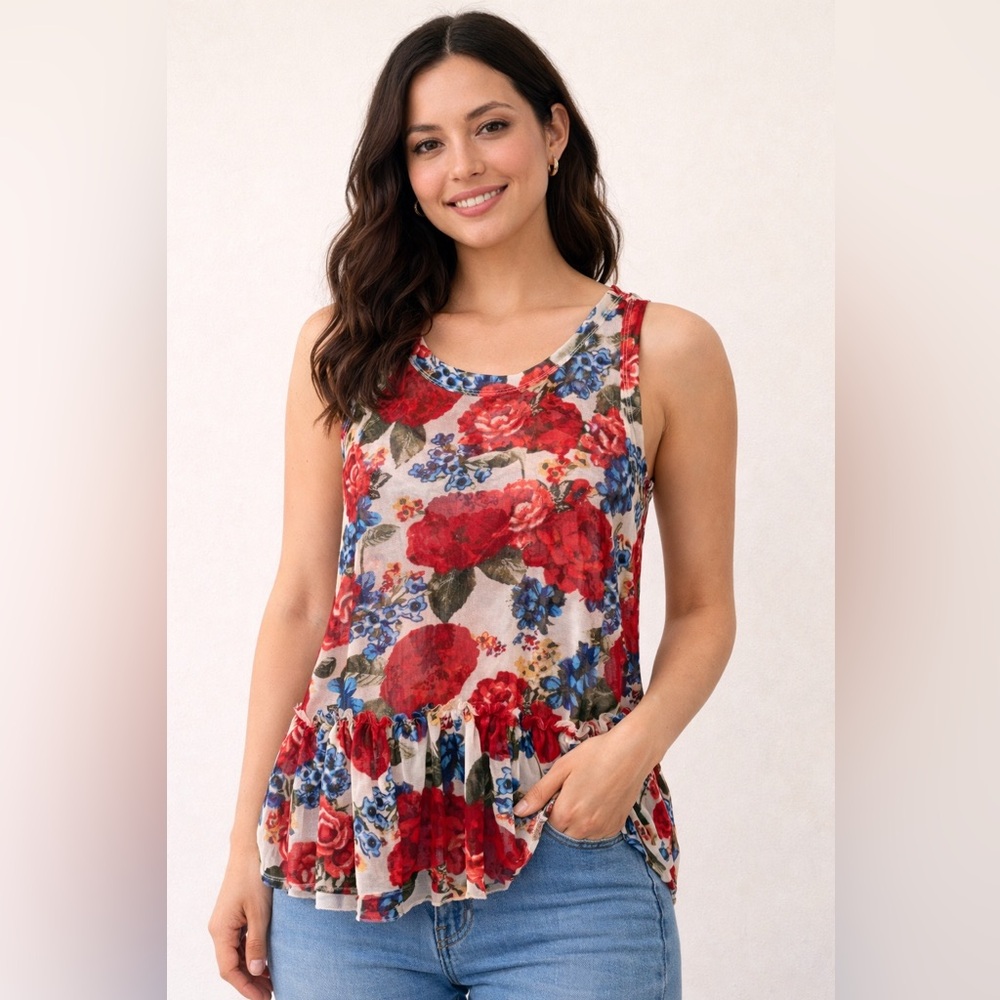Derek Heart Floral Ruffle Hem Tank Top in Red, Blue, Cream